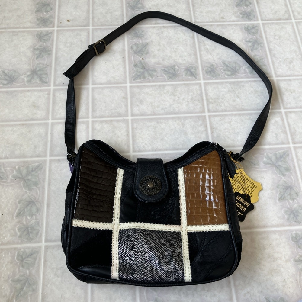 Vintage Northwest Territory Black Genuine Leather Patchwork Purse 1990s Hobo‎